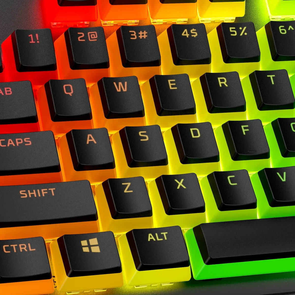 HyperX Pudding Double Shot PBT Keycaps close-up macro showing translucent pudding legends with RGB glow shine-through