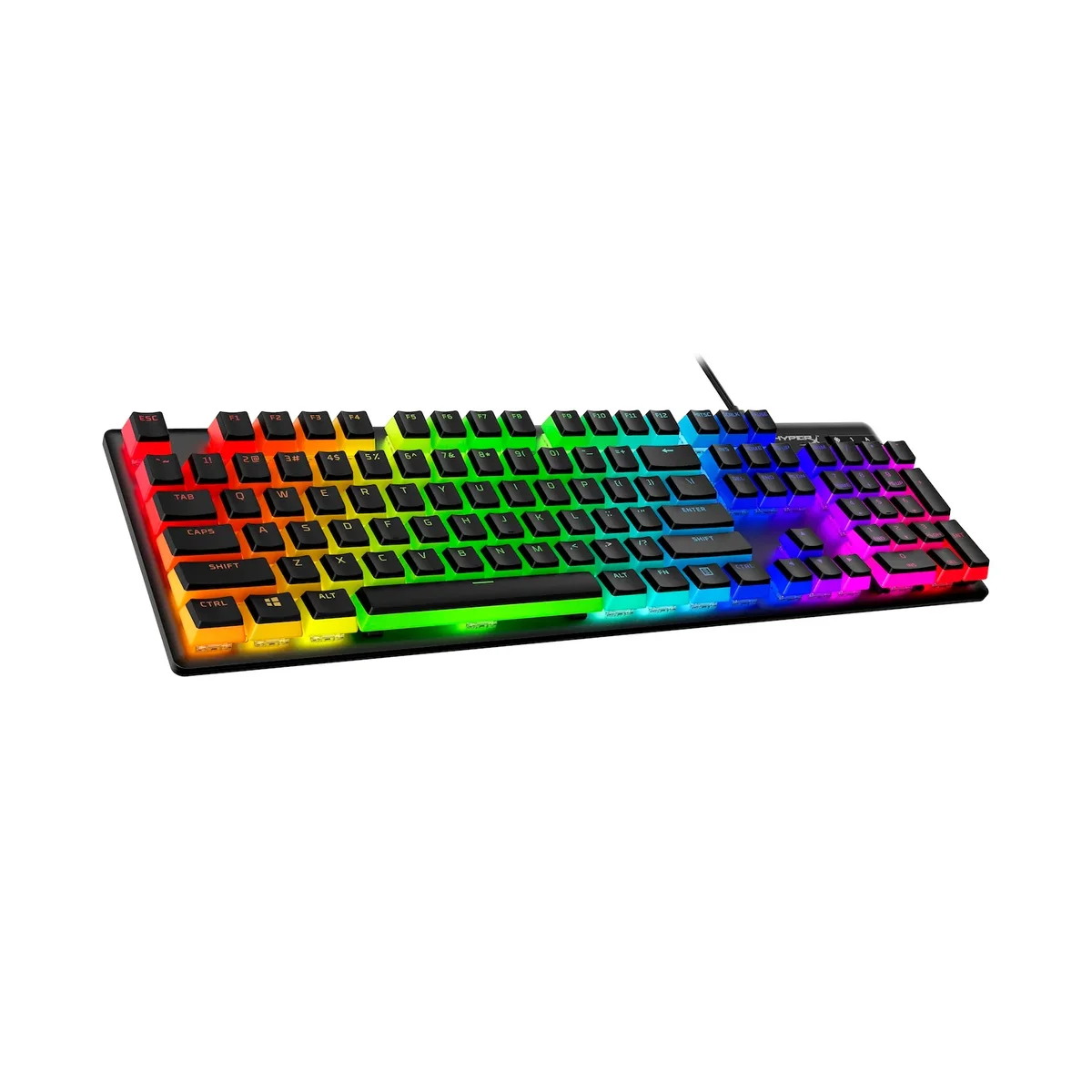 HyperX Pudding Double Shot PBT Keycaps black colorway on keyboard with full RGB rainbow shine-through, 3/4 angle view