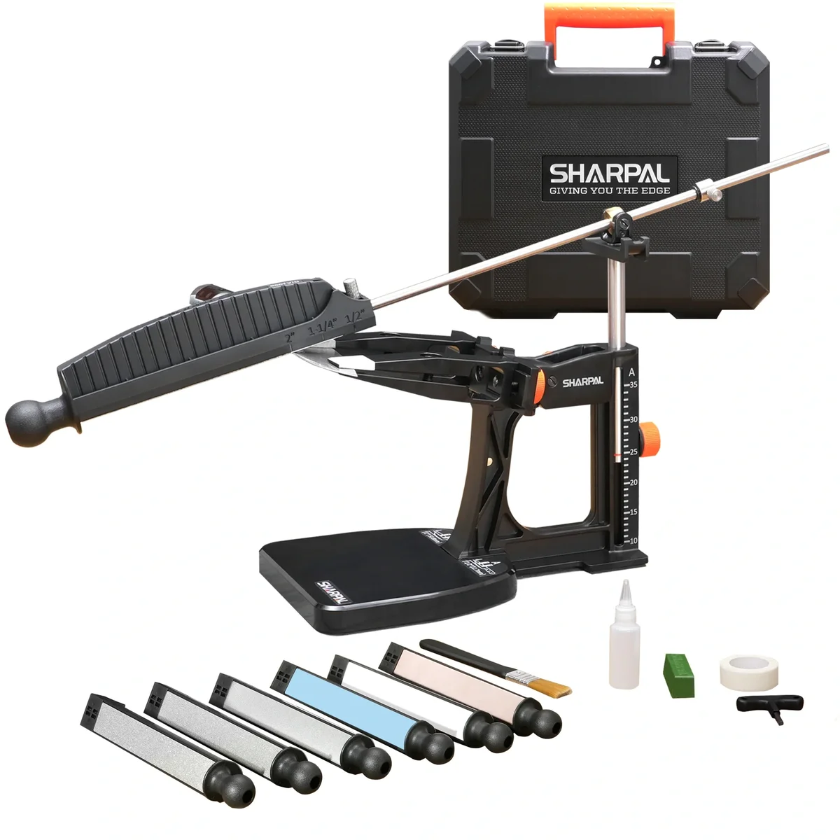 Sharpal 202H Precision Knife Sharpening System full kit laid out with hard case, sharpener, and all abrasive plates and stones