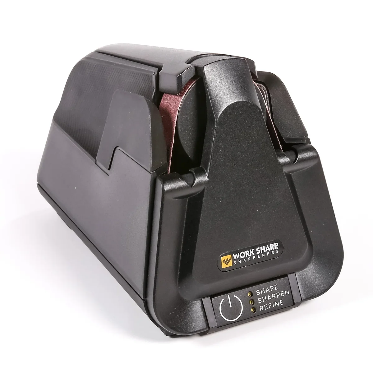 Work Sharp Professional Electric Kitchen Knife Sharpener shown at an angle on a white background, with its ceramic sharpening belt and Shape, Sharpen, Refine control buttons visible