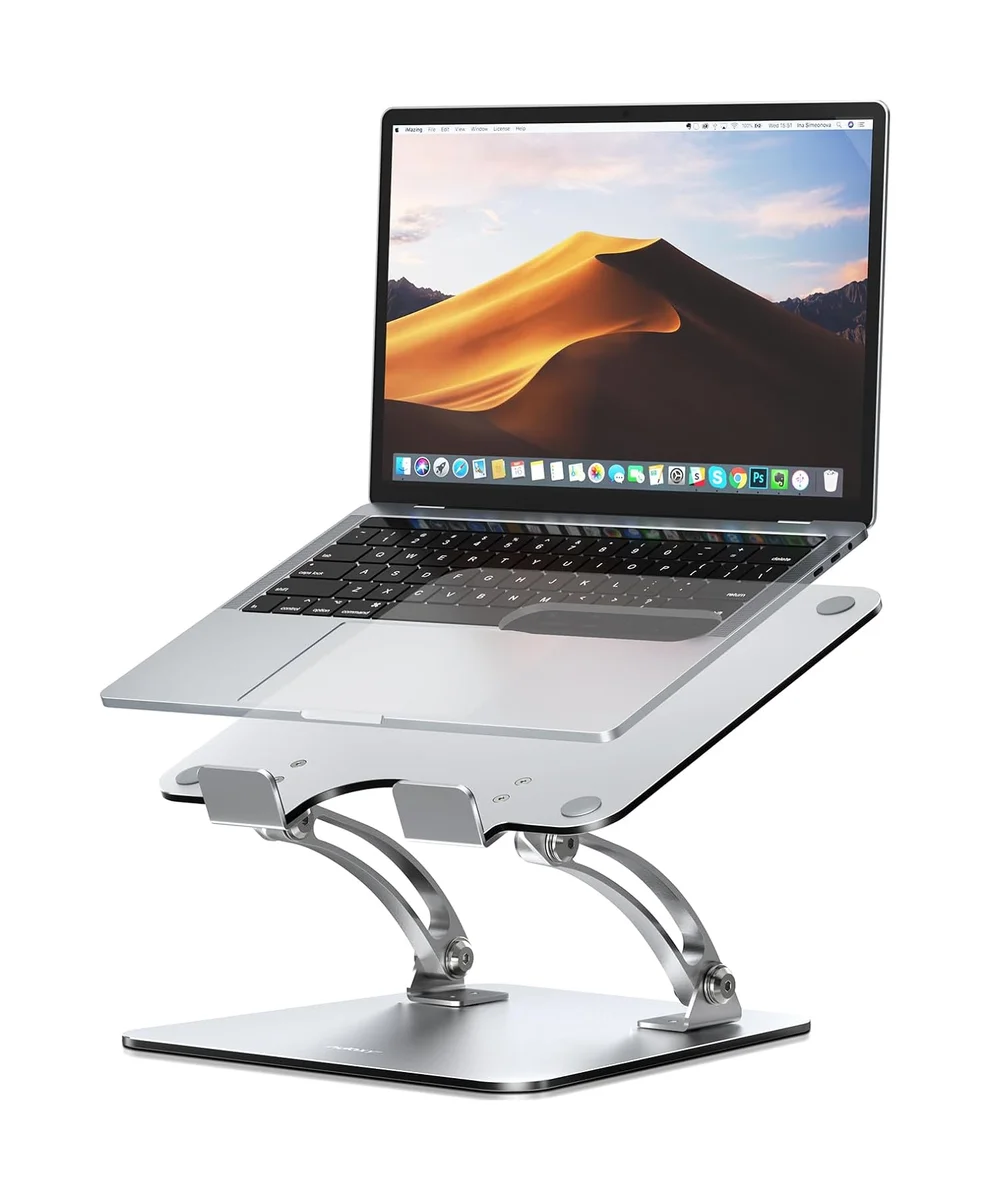 Nulaxy Adjustable Laptop Riser silver aluminum stand with MacBook Pro in 3/4 front view on white background