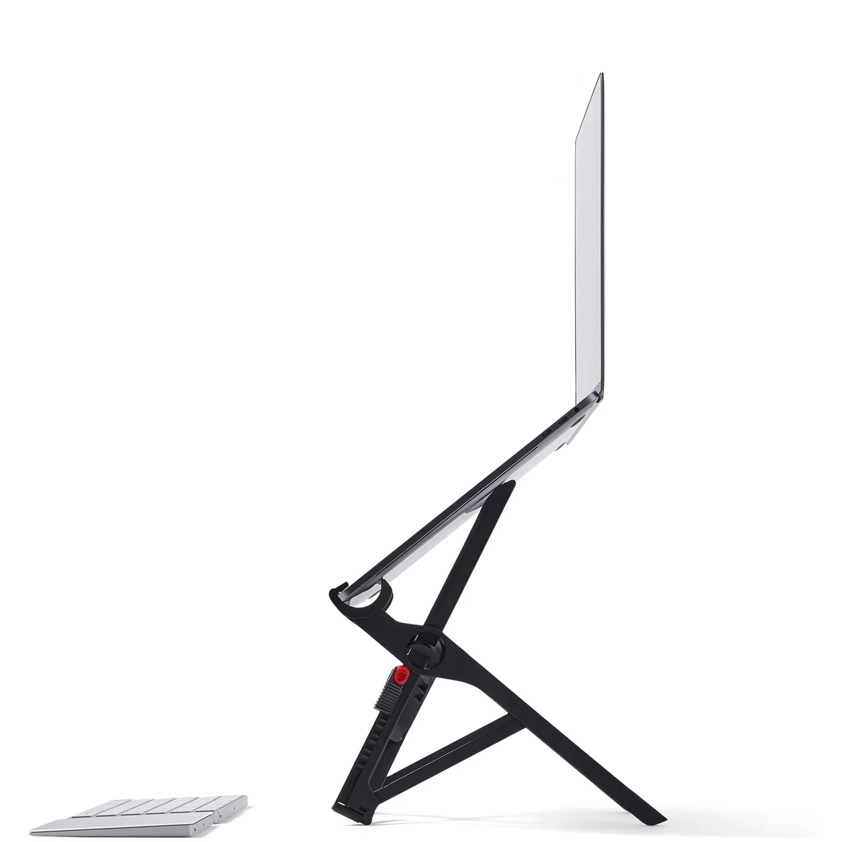 Roost Laptop Stand V3 side profile at high position with laptop