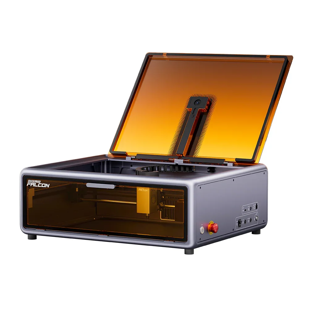 Creality Falcon A1 with enclosure lid open, showing the laser module and interior work area