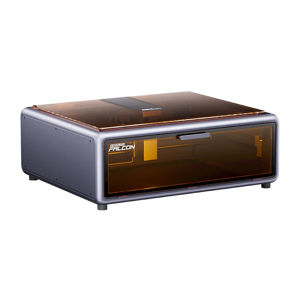 Creality Falcon A1 laser engraver, 3/4 angle view showing side vents and control knob