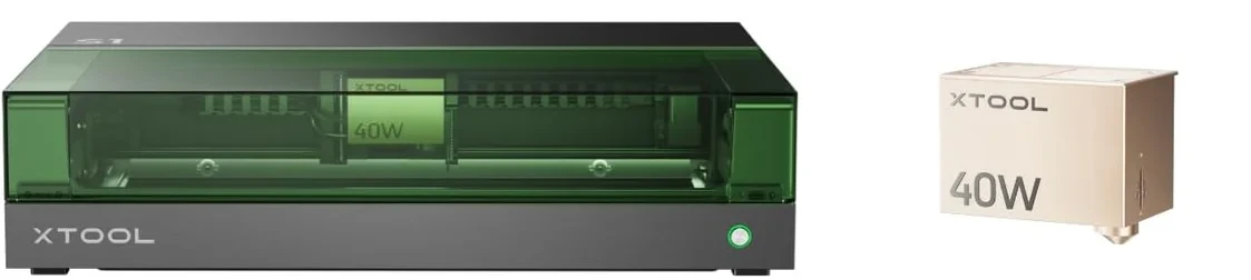 xTool S1 closed-lid front view next to its detachable 40W laser module, showing the interchangeable laser head system