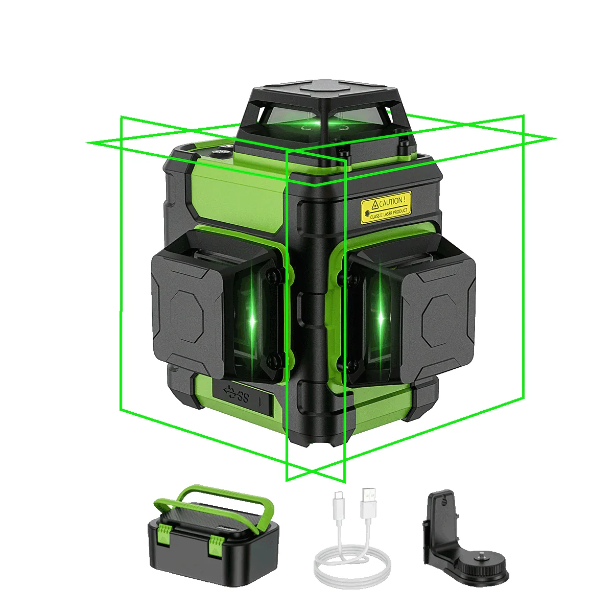 Huepar HM03CG laser level with green beams and accessories on white background