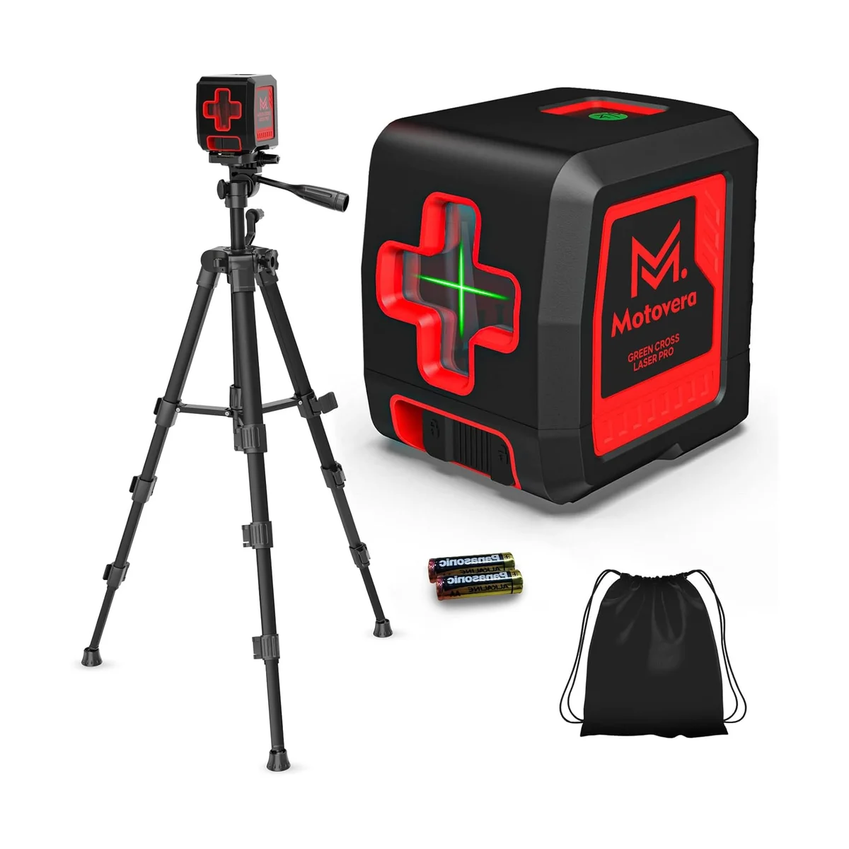 Motovera LL-T2 laser level full kit including tripod, batteries, and carrying bag