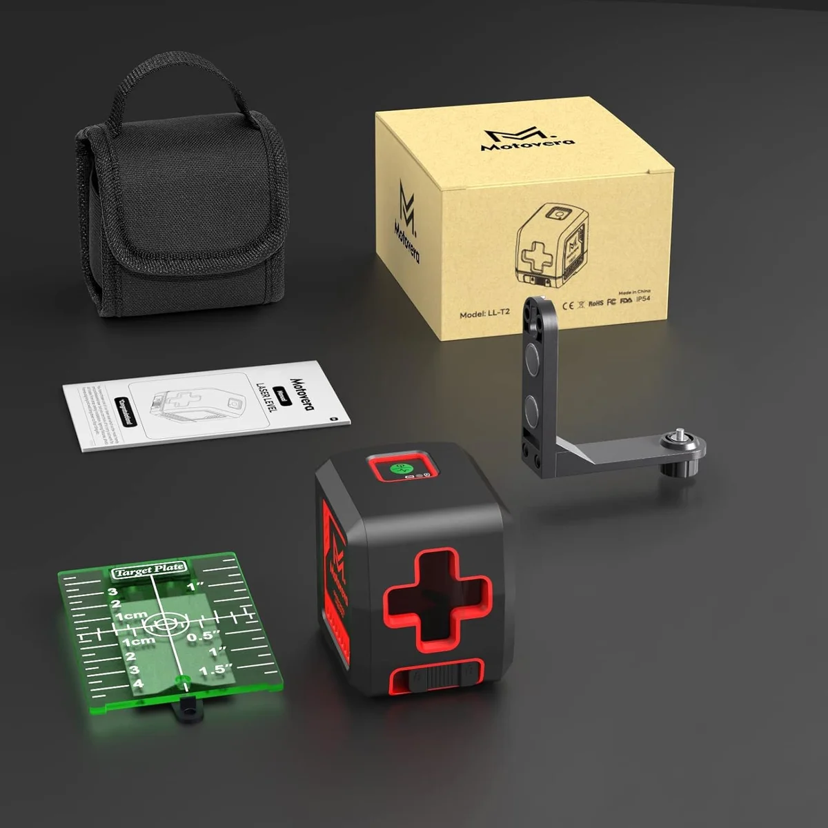 Motovera LL-T2 complete box contents including laser unit, carrying bag, target plate, wall bracket, and manual