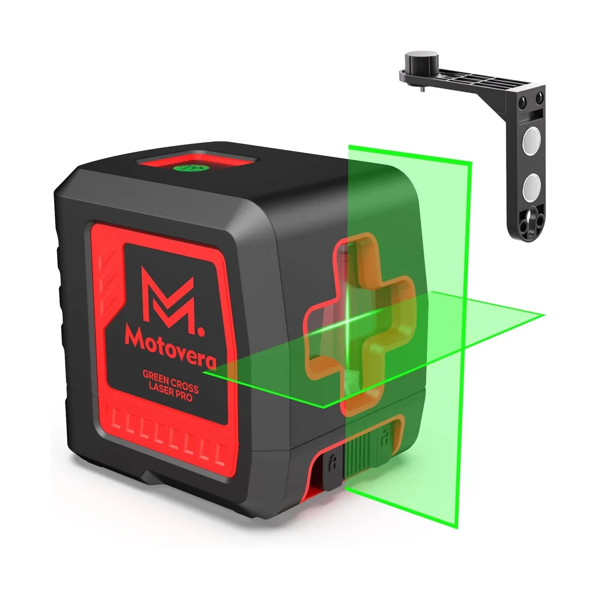 Motovera LL-T2 cross-line laser level firing green beams with wall mount bracket