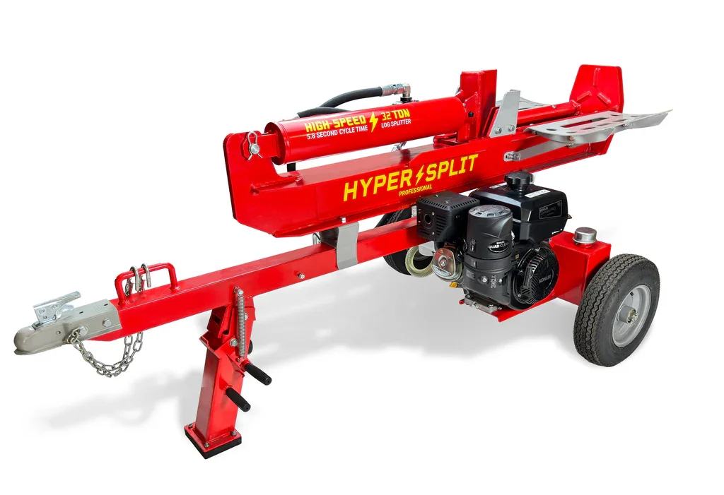 HyperSplit 32-Ton gas-hydraulic log splitter, 3/4 angle view showing full machine on white background