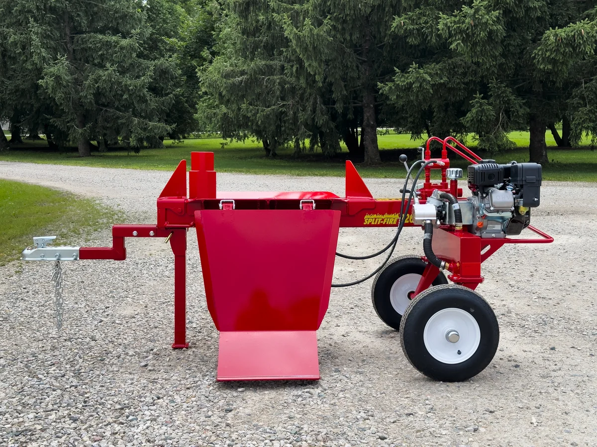 Split-Fire 2265 rear-angle view showing log tray and Honda engine outdoors