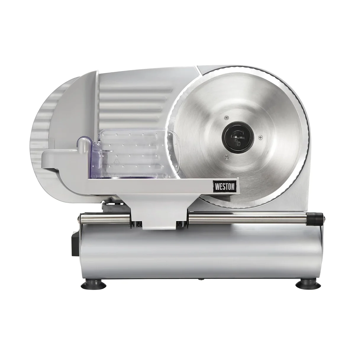 Weston 9-Inch Meat Slicer 61-0901-W straight-on side profile with the carriage centered on its stainless glide rod and the blade guard ring visible