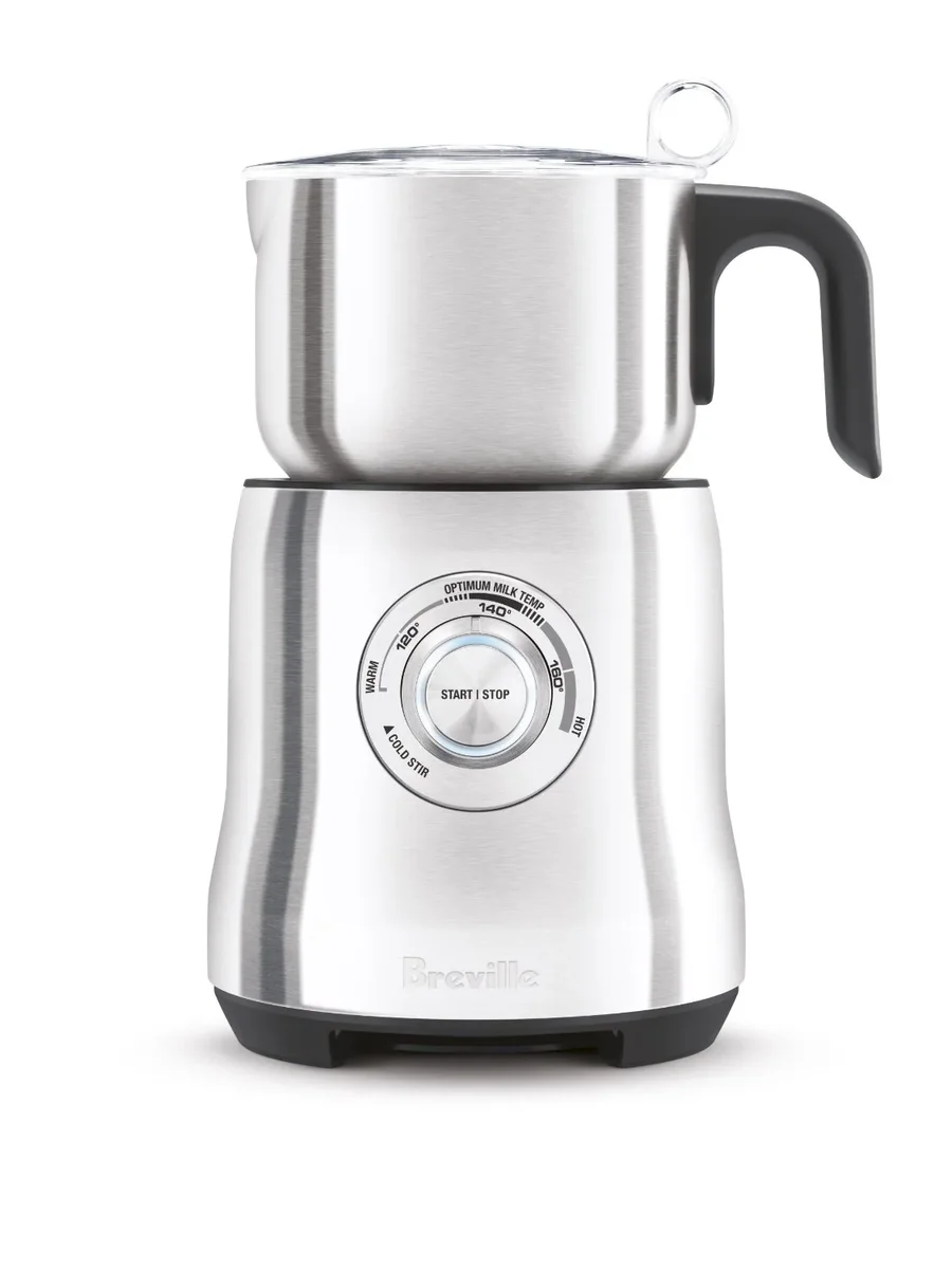 Front angle of the Breville Milk Café BMF600XL showing the Optimum Milk Temp dial with Warm, Cold Stir, and Hot settings