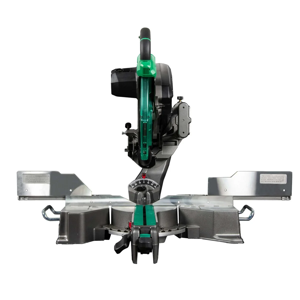 Metabo HPT C12RSH3 front view showing miter table, fence, and sliding rail system on white background