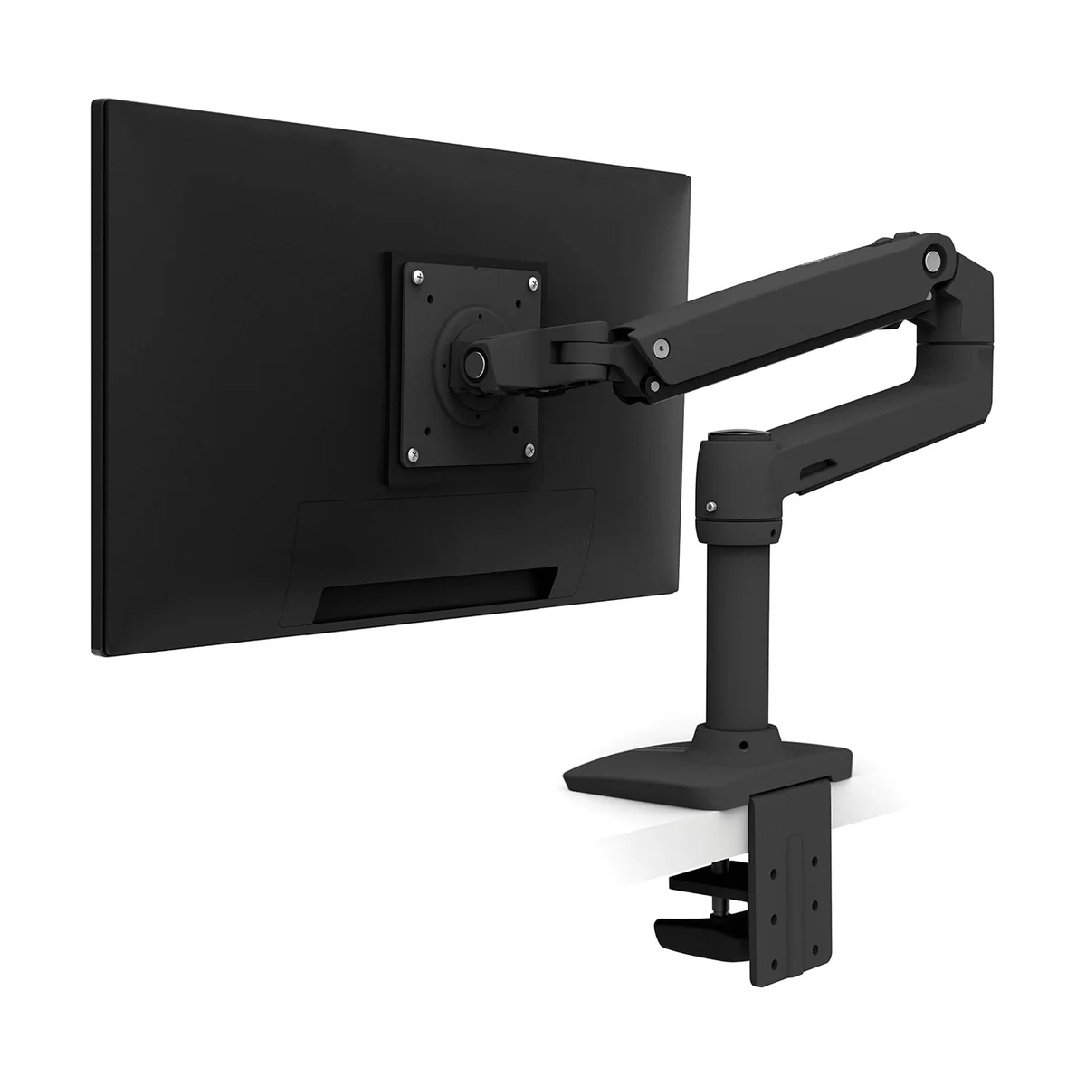 Ergotron LX Desk Mount Monitor Arm rear three-quarter view with clamp mount on white background
