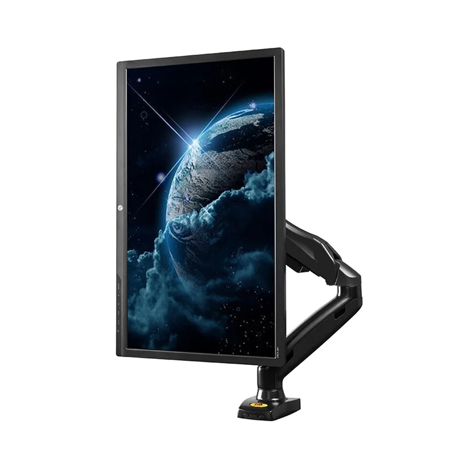 North Bayou F80 monitor arm holding a display in studio angle view
