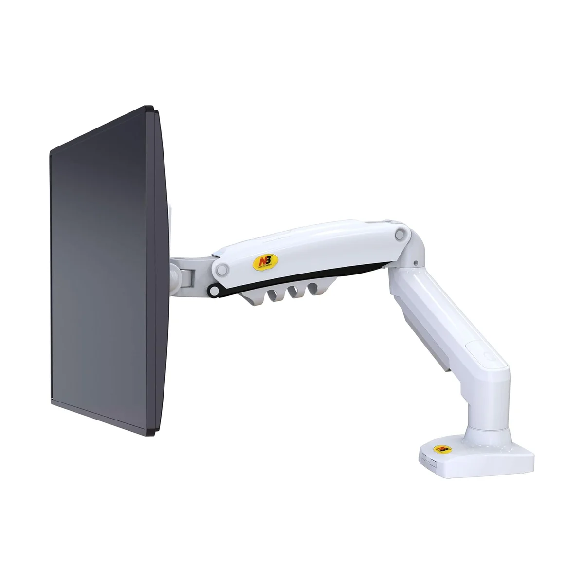 North Bayou F80 monitor arm side profile showing gas spring mechanism and cable clips