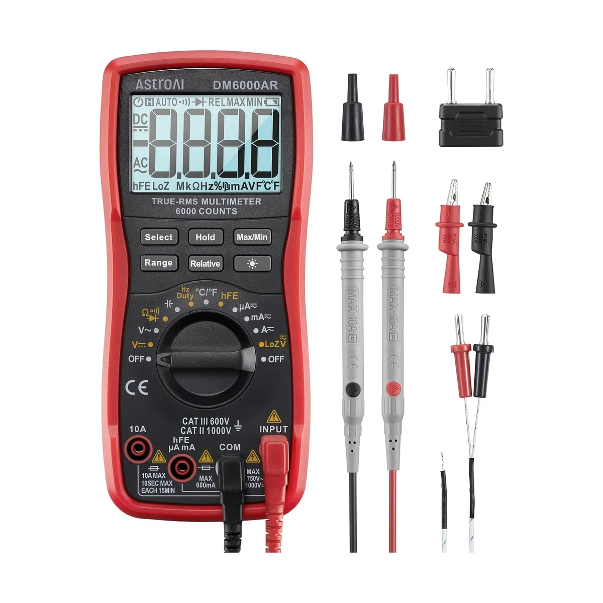 AstroAI DM6000AR multimeter front view with black faceplate and rotary dial, laid out with its full accessory kit of probes, alligator clips and banana plugs