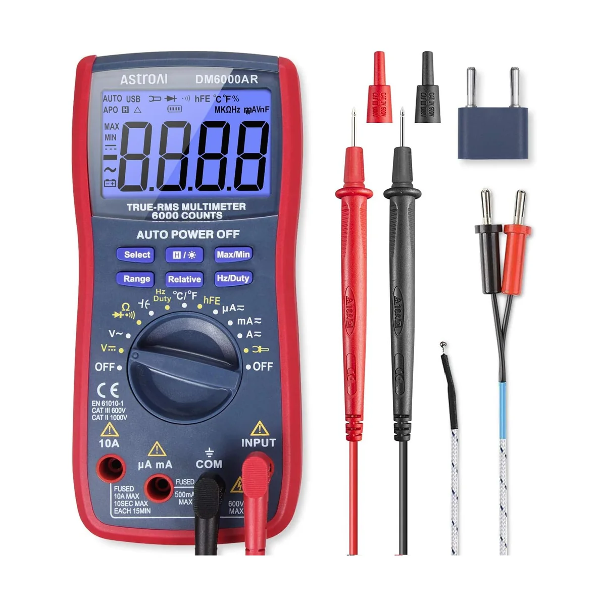 AstroAI DM6000AR digital multimeter, red-and-black handheld with blue-backlit LCD showing TRUE-RMS 6000 counts, shown with included test leads, alligator clips and thermocouple