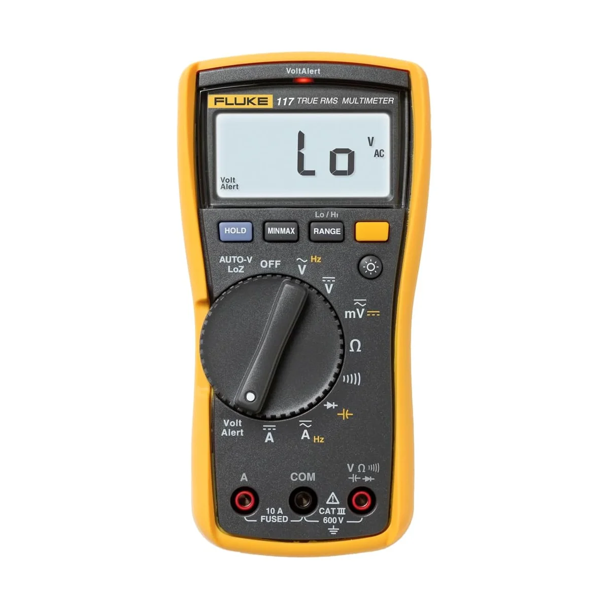 Fluke 117 Electrician's True-RMS Digital Multimeter, yellow-and-gray handheld DMM, front view on white showing rotary dial and 'Lo' on the LCD