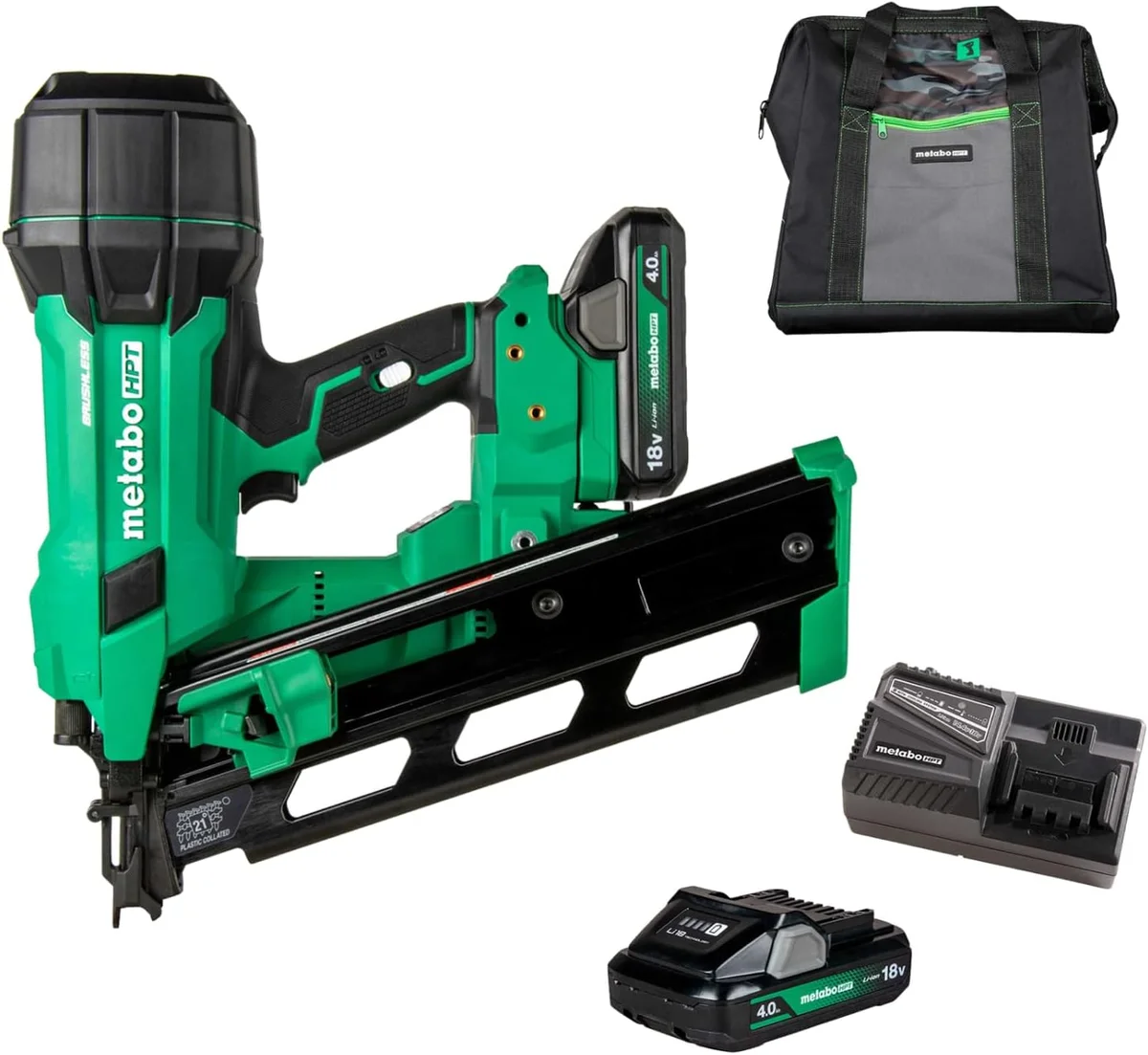 Metabo HPT NR1890DRA 18V framing nailer kit with battery, charger, and bag on white background