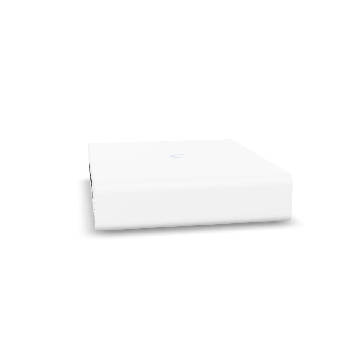 Ubiquiti UniFi Pro XG 8 PoE elevated 3/4 angle view of the compact fanless enclosure