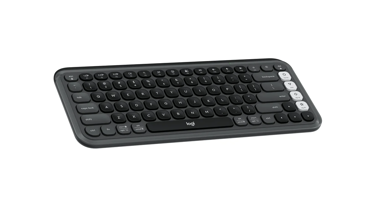 Logitech POP Icon Keys in Graphite & White at a three-quarter angle, showing the slim case and white action-key column