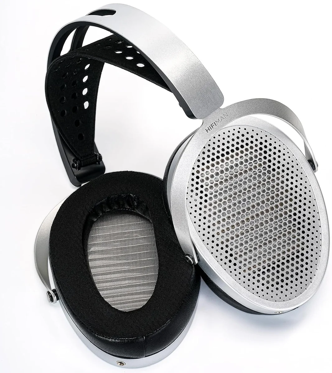 HiFiMan Edition XV earcups close-up showing driver grille and earpads
