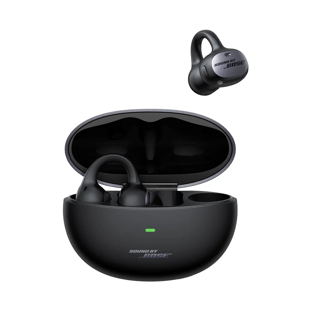 Baseus Inspire XC1 earbuds resting in their open charging case, showing the C-clip hook design