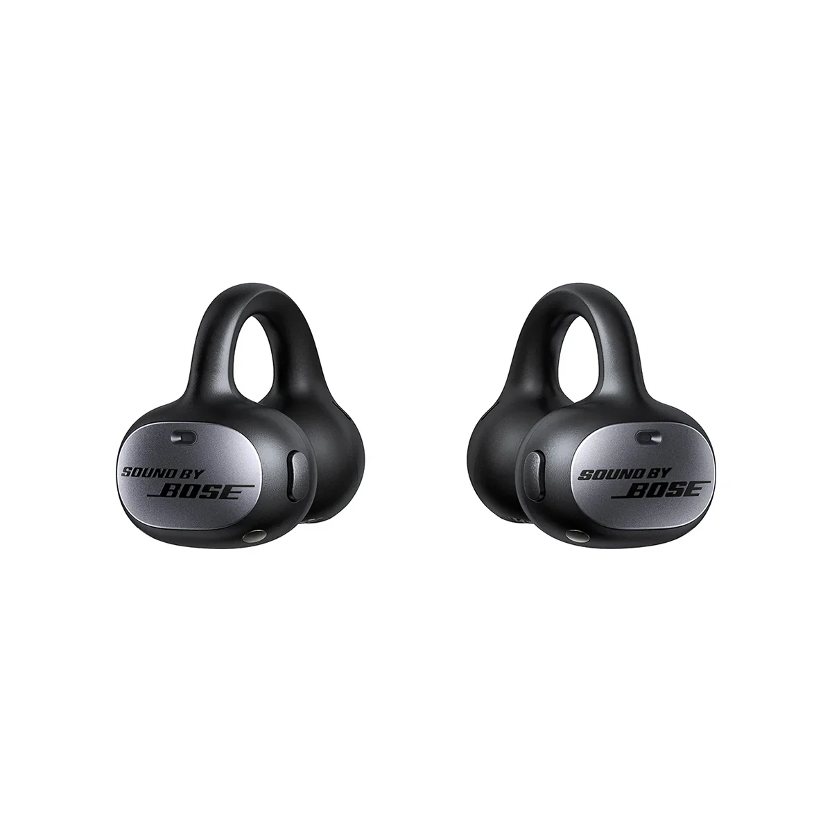 Close-up front view of the Baseus Inspire XC1 earbuds showing the open-ear clip that hooks over the ear ridge