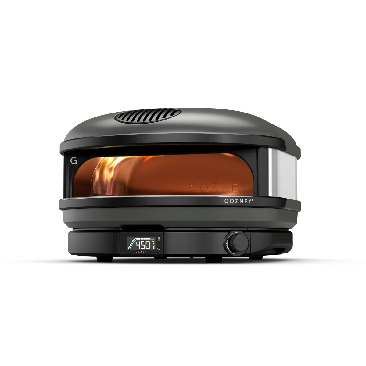 Gozney Arc XL pizza oven in graphite color variant, front 3/4 view with flame visible through window and digital thermometer reading 450F