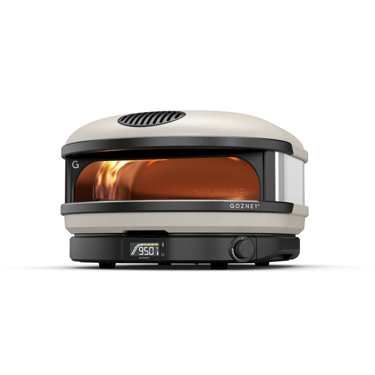 Gozney Arc XL cream pizza oven front 3/4 view with flame visible through window and digital thermometer reading 950F
