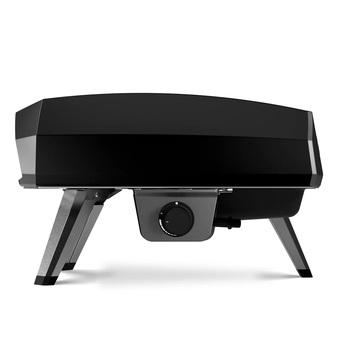 Ooni Koda 2 gas pizza oven side profile on a white background showing the folded legs and temperature dial