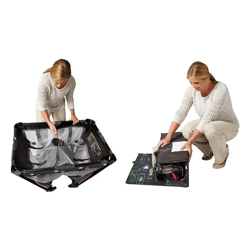 Graco Pack 'n Play being folded down for storage showing compact fold and carry bag