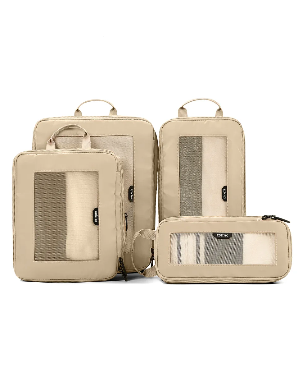 Epica Trip Cozy 4-Piece Set in tan colorway showing compression zipper design