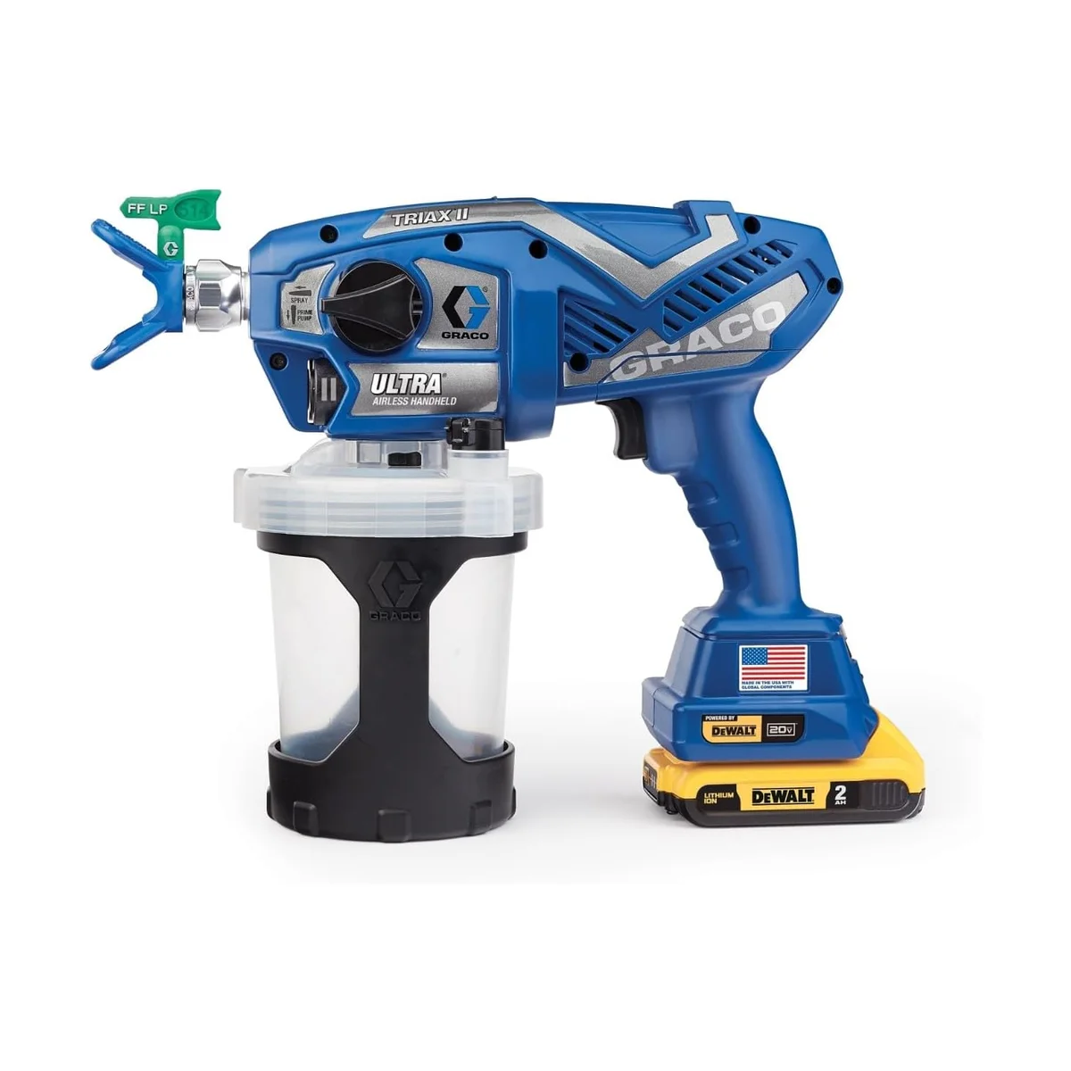 Graco Ultra Cordless 17M363 airless sprayer alternate angle showing Triax pump body and DeWalt battery