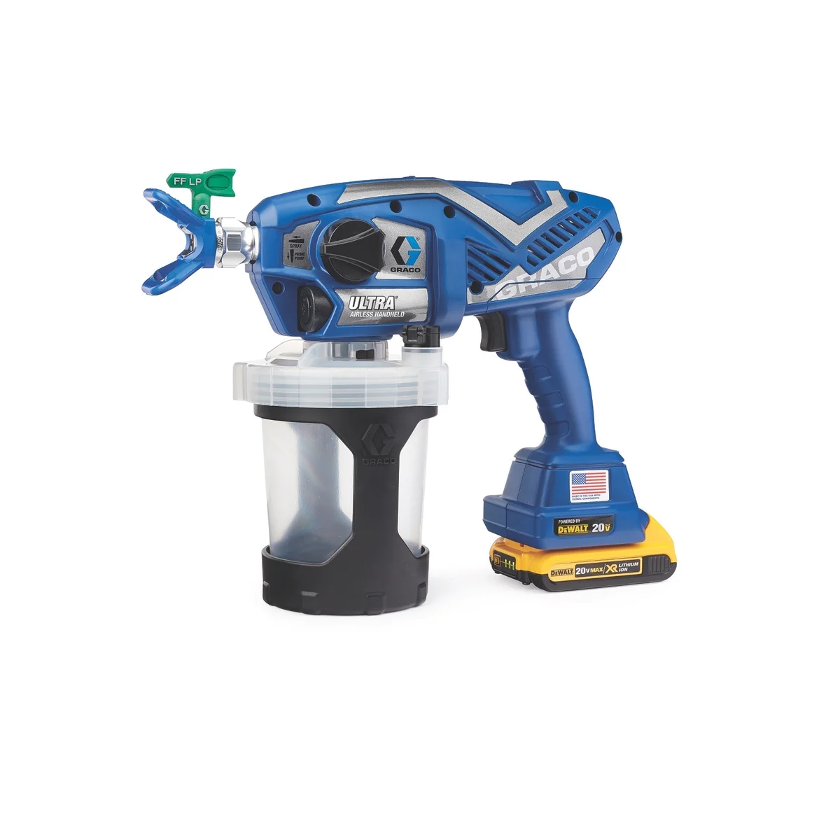 Graco Ultra Cordless 17M363 handheld airless paint sprayer with DeWalt 20V battery on white background