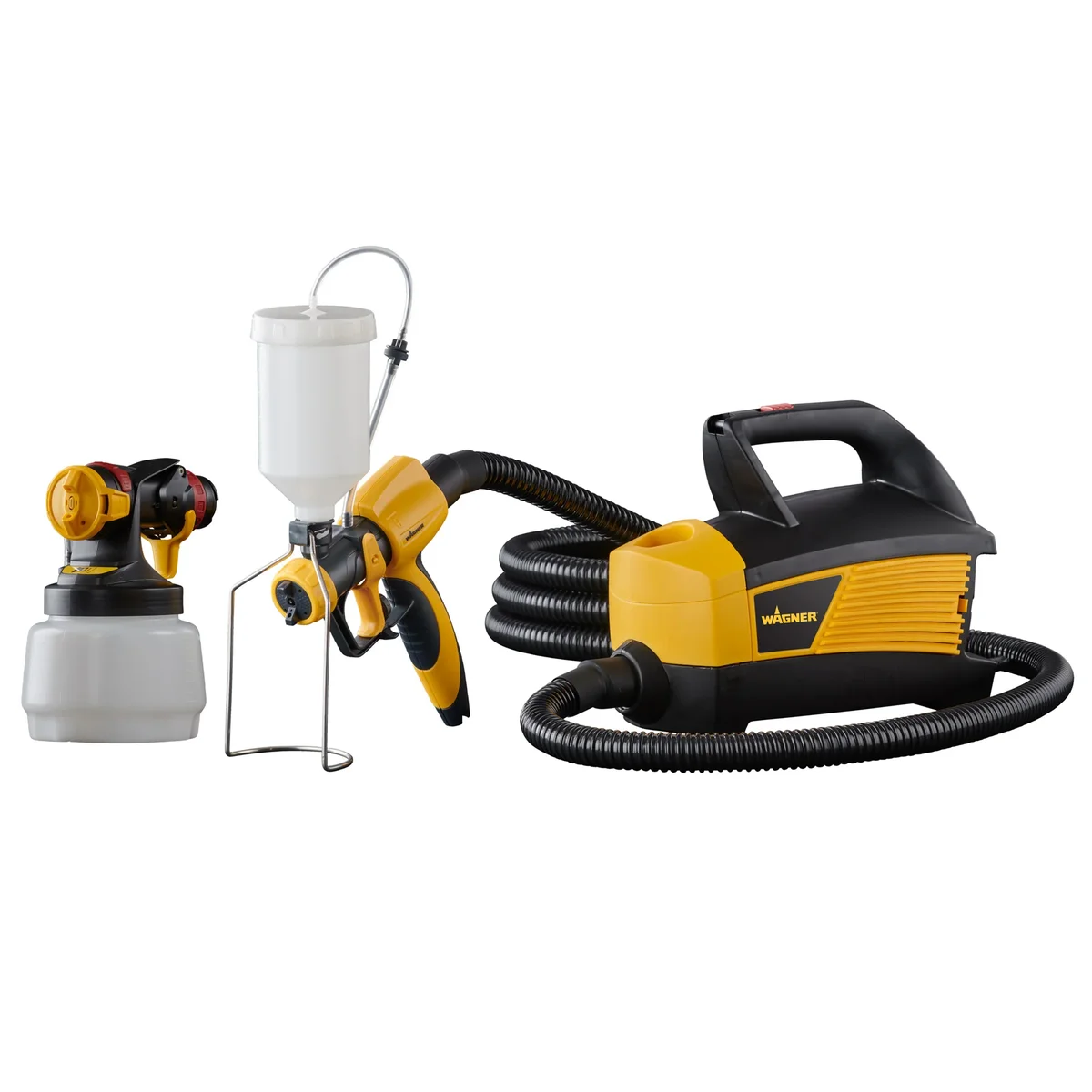 Wagner Flexio 4300 HVLP paint sprayer complete kit with turbine unit, spray gun, and both nozzle assemblies
