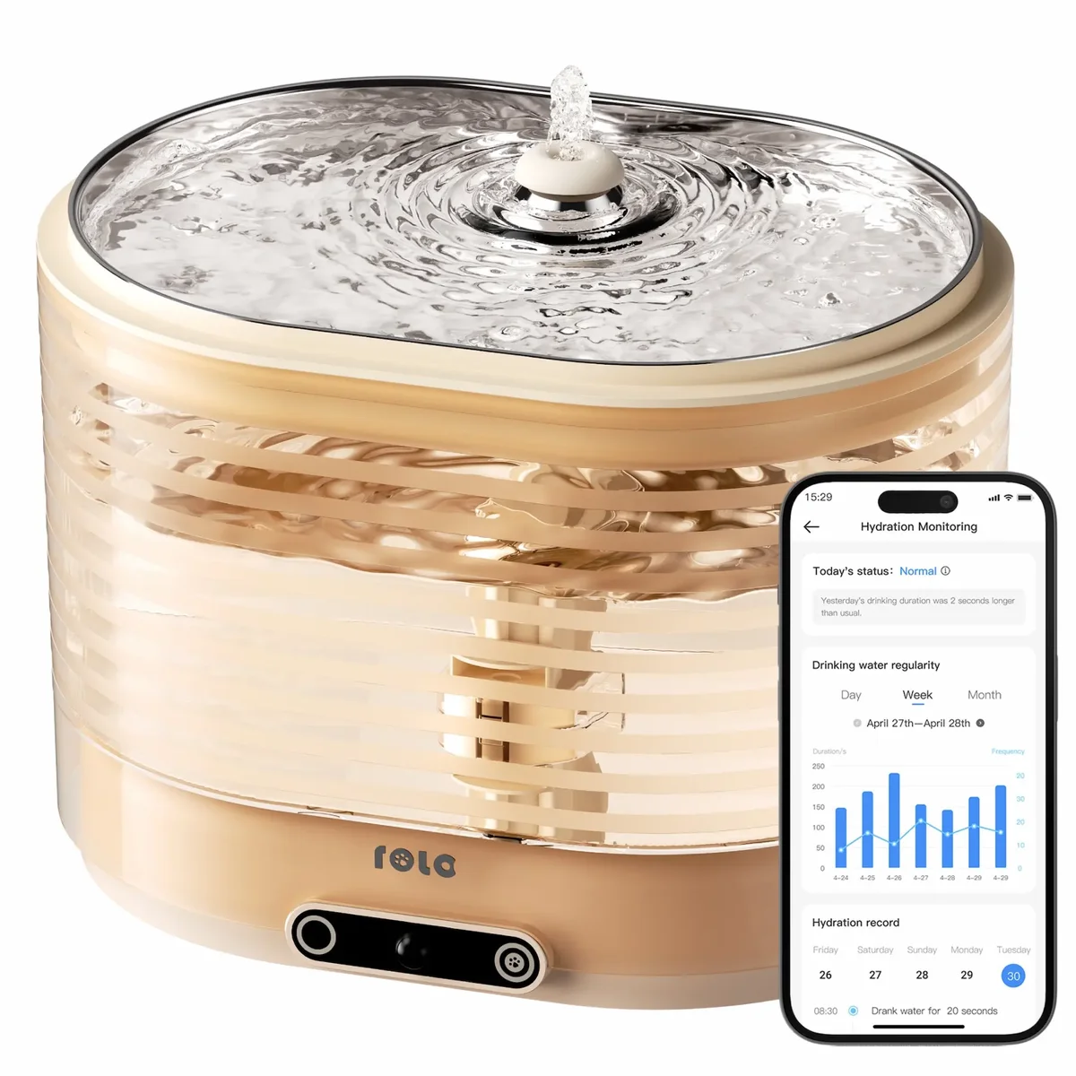 Three-quarter angle of the Enabot ROLA Smart Pet Water Fountain showing the clear tank and cordless base, next to the app's hydration monitoring screen