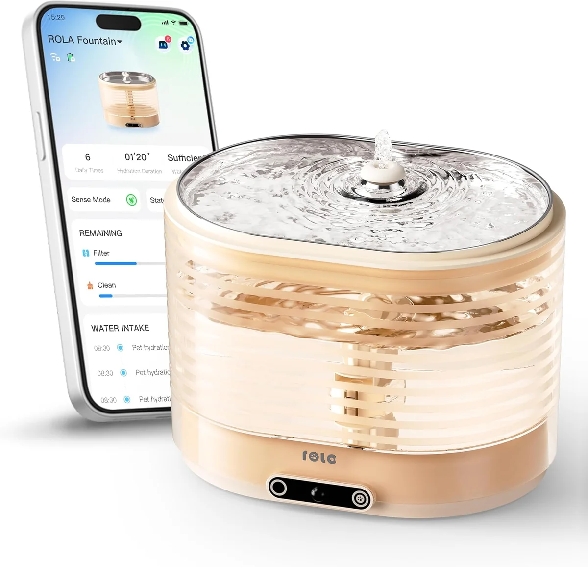 Enabot ROLA Smart Pet Water Fountain front view with water streaming from the stainless steel tray over the clear ribbed tank, beside the ROLA app