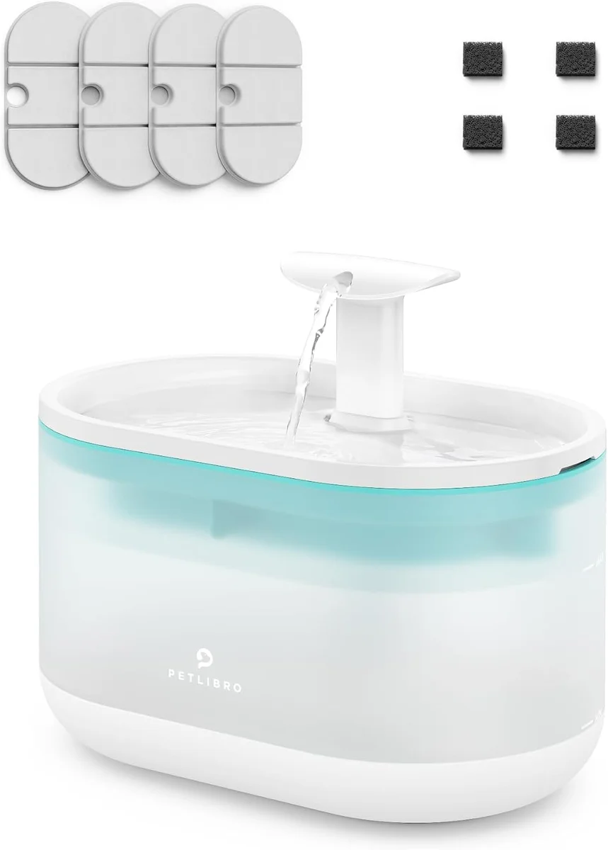 PETLIBRO Dockstream fountain in white shown with its silicone lid components and replacement carbon foam filters laid out on a white background