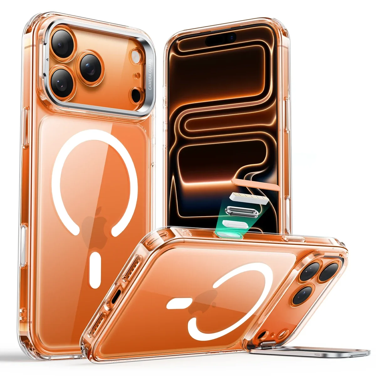 ESR Hybrid Magnetic with Stash Stand clear MagSafe case for iPhone 17 Pro Max, shown from multiple angles with the camera control cutout, MagSafe ring, and built-in kickstand deployed