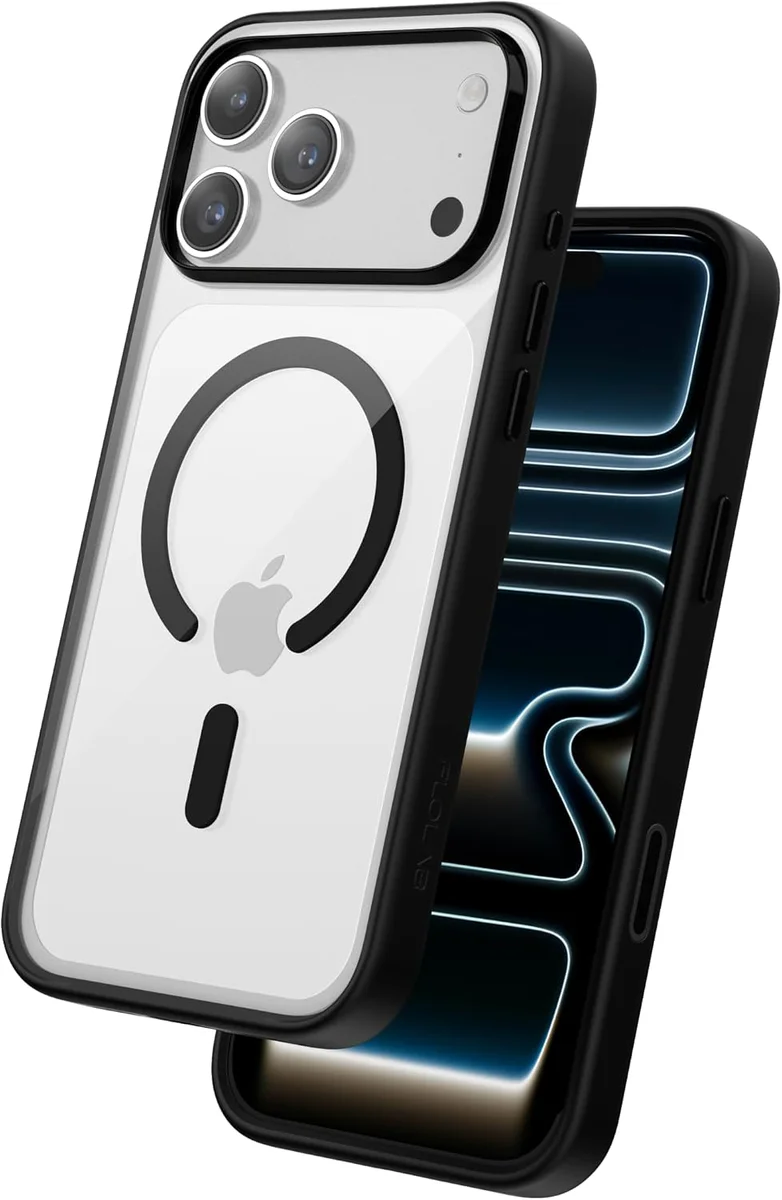FLOLAB Surtect Tri-Fusion clear MagSafe case on an iPhone, front view showing camera cutout and MagSafe ring against a second case
