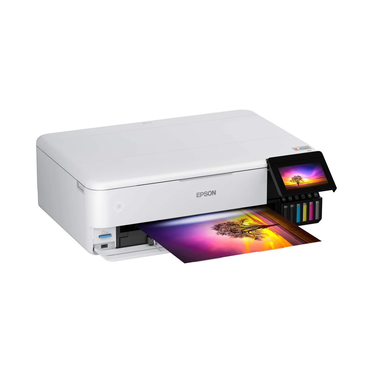 Epson EcoTank ET-8550 three-quarter front-right view showing six ink tanks and paper output tray