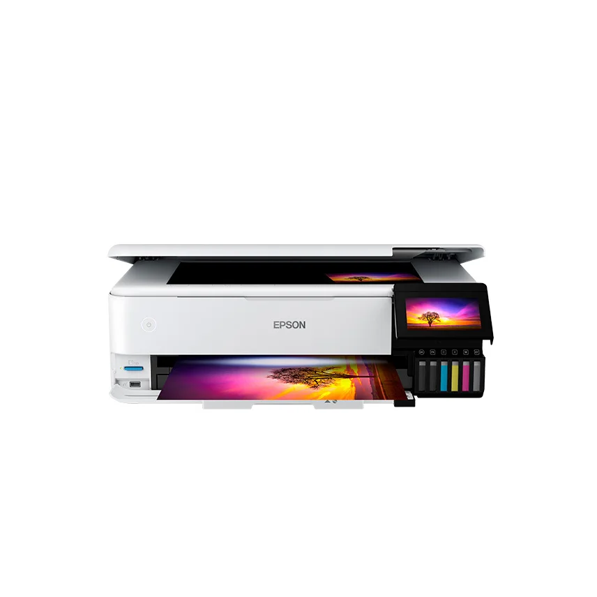 Epson EcoTank ET-8550 straight-on front view with scanner lid raised showing the flatbed glass