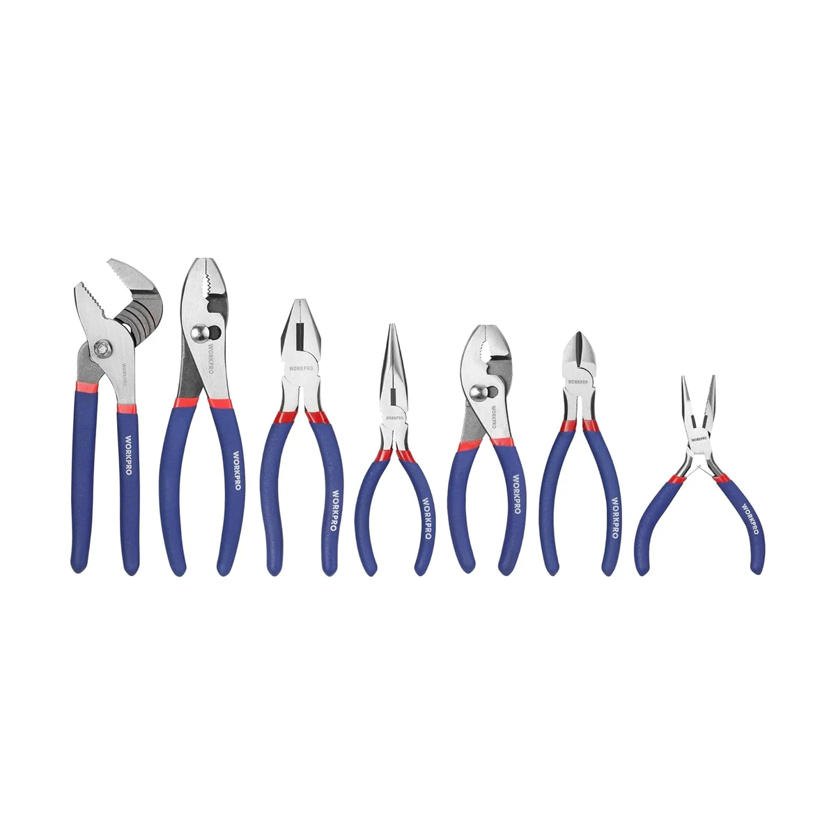 WorkPro 7-Piece Pliers Set laid out on white background showing all seven pliers