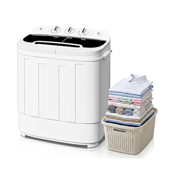 SUPER DEAL Twin Tub Washing Machine front view showing both wash and spin tubs with laundry basket
