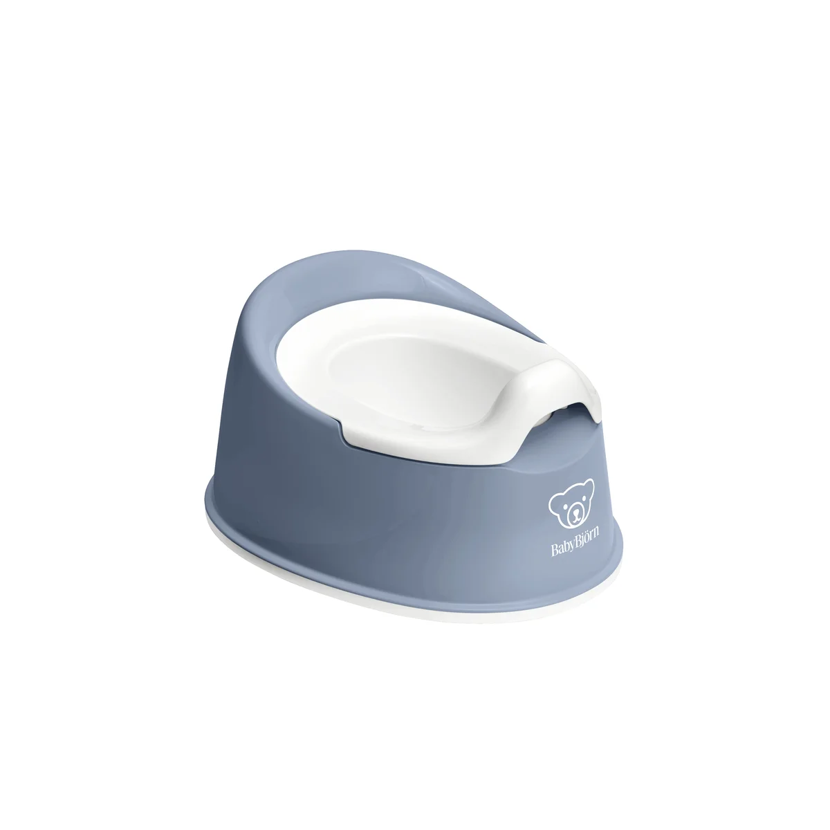 BabyBjorn Smart Potty deep blue and white, 3/4 angle studio view