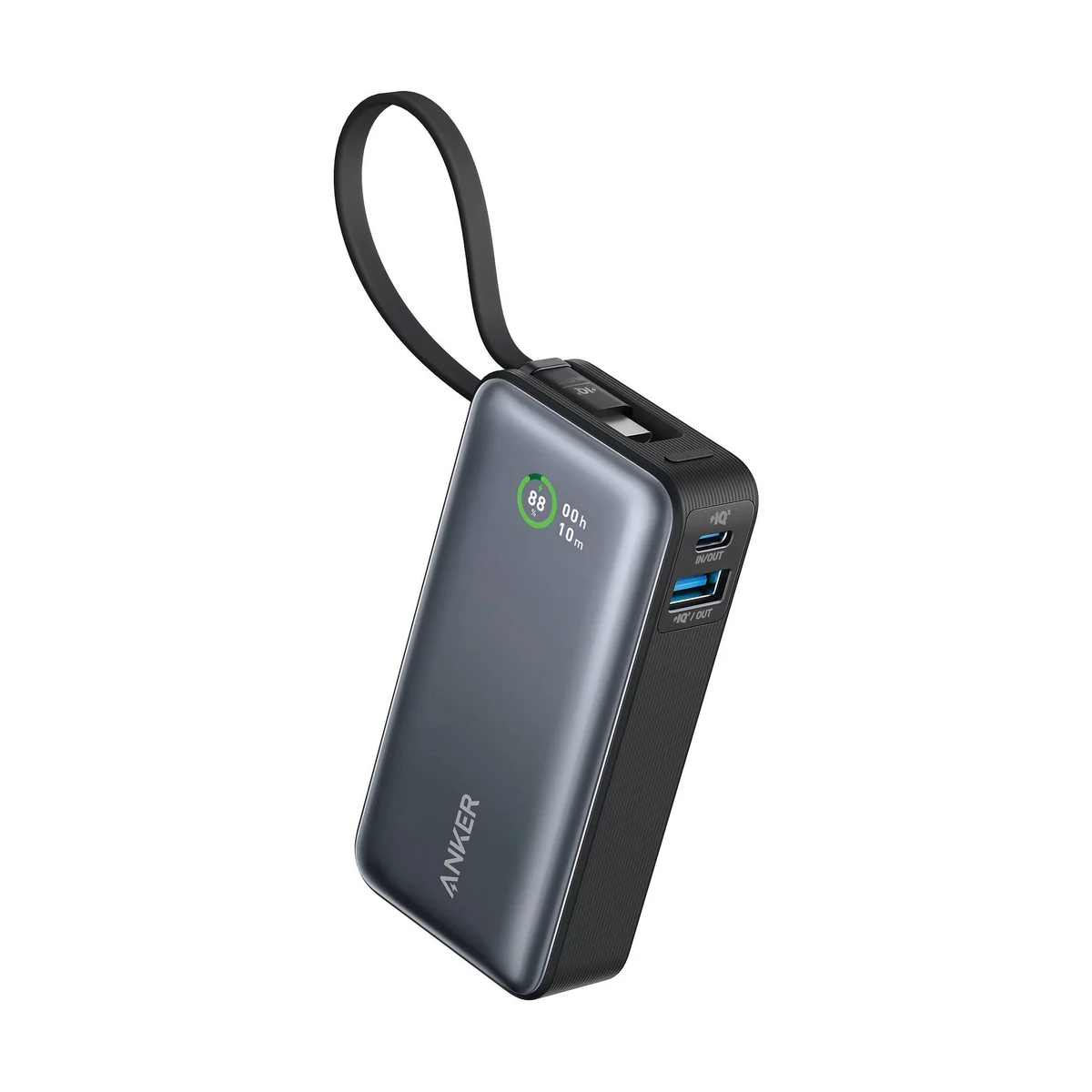 Anker Nano Power Bank 10K 30W in black with its USB-C cable tucked into the top groove, showing the USB-C and USB-A ports on the side