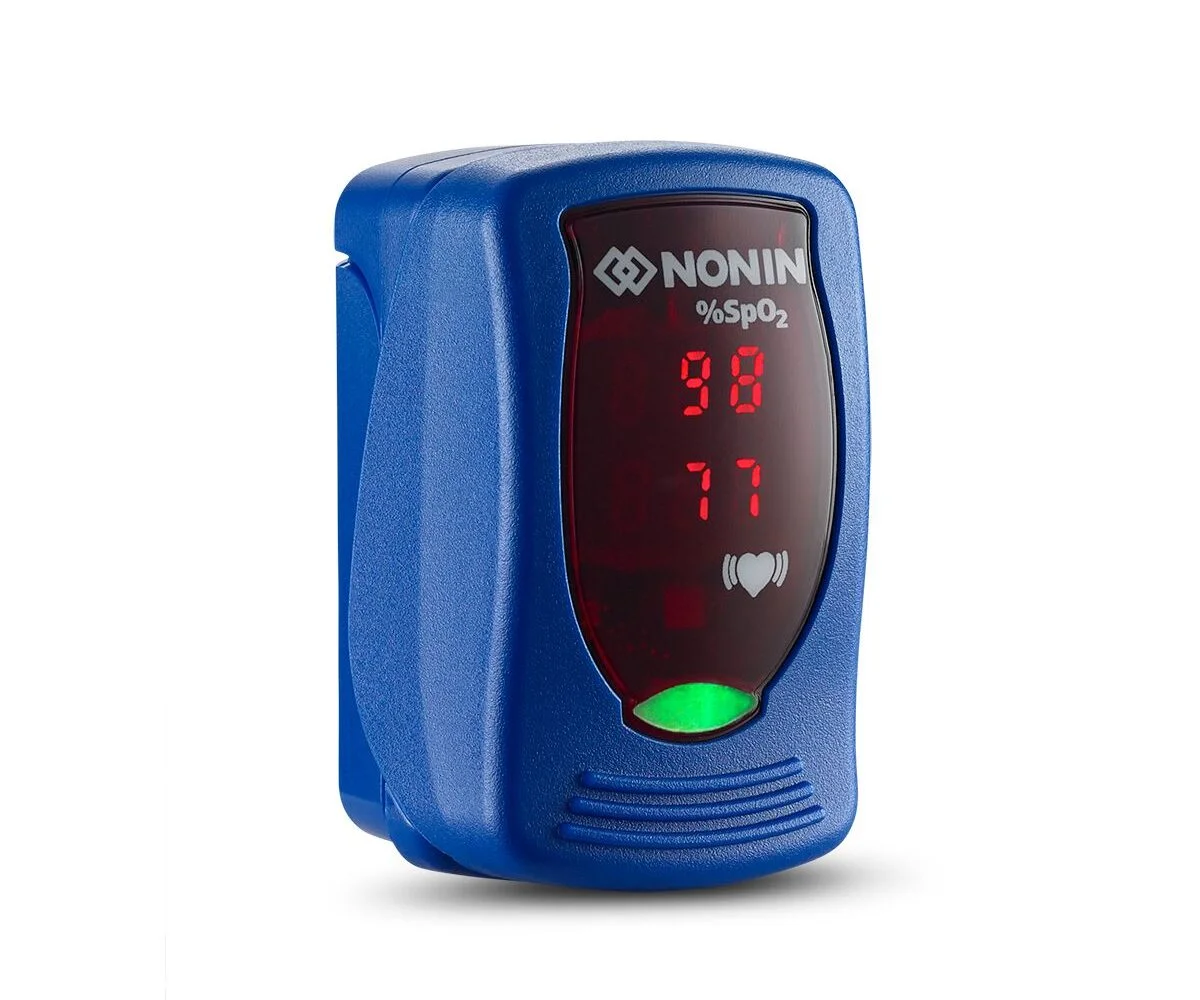 Nonin Onyx Vantage 9590 pulse oximeter in blue, three-quarter angle view